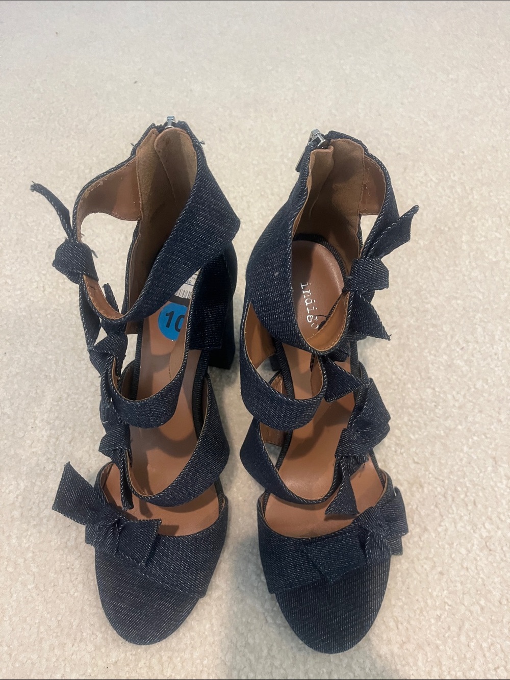 Indigo Rd Navy Denim Bow Strappy Block Heel Sandals